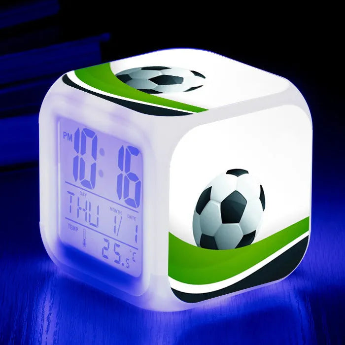 Square plastic alarm clock with football pattern cartoon design and mute alarm function