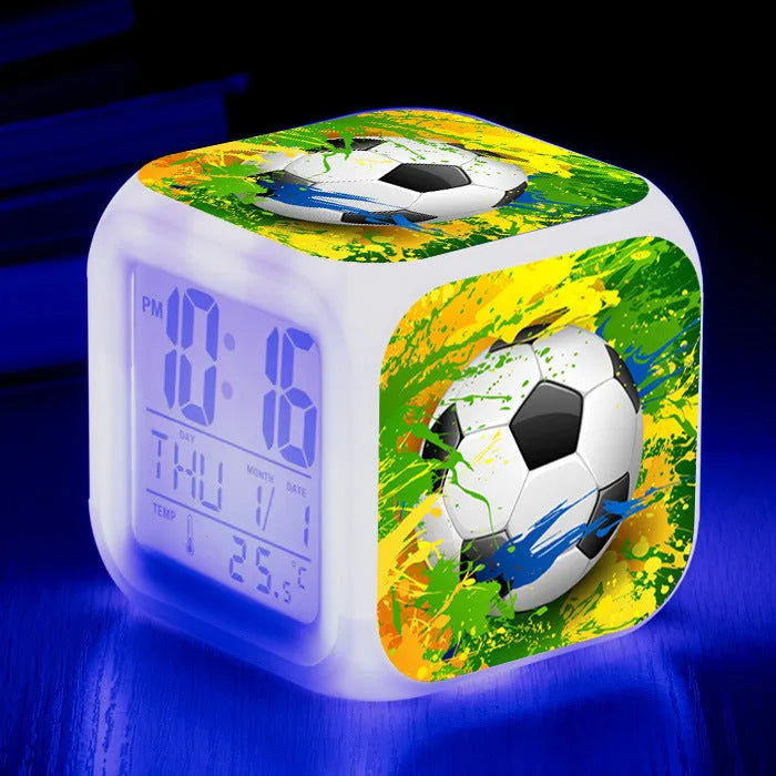 Square plastic alarm clock with football pattern cartoon design and mute alarm function