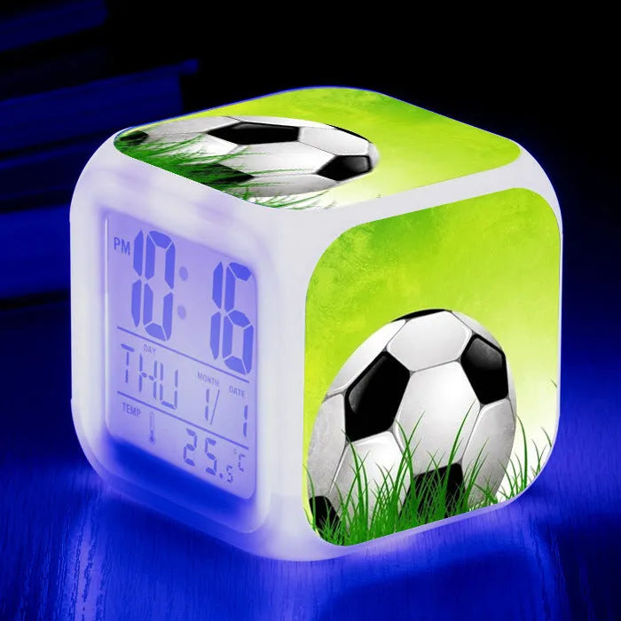 Square plastic alarm clock with football pattern cartoon design and mute alarm function