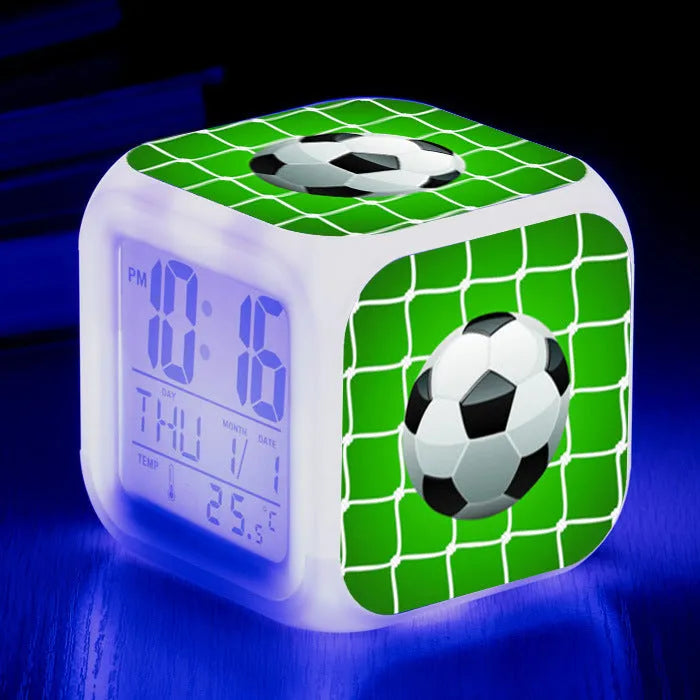 Square plastic alarm clock with football pattern cartoon design and mute alarm function
