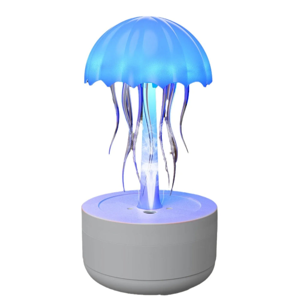 White jellyfish-shaped humidifier diffuser with colourful LED lights and visible mist output