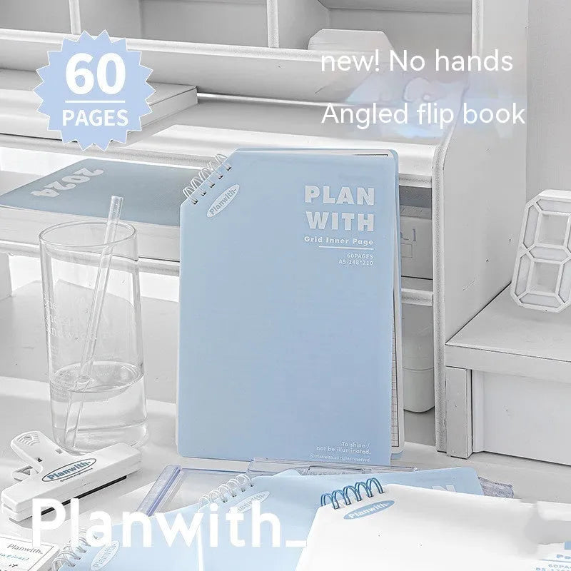Oblique angle artsy Ins Style Salt student draft notebook showing cover options in white and plaid blue