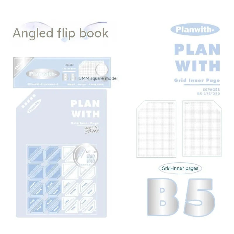 Oblique angle artsy Ins Style Salt student draft notebook showing cover options in white and plaid blue