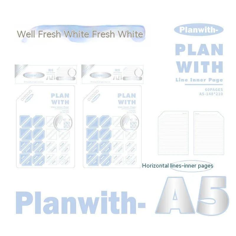 Oblique angle artsy Ins Style Salt student draft notebook showing cover options in white and plaid blue