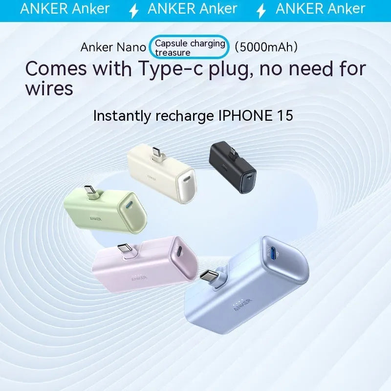 Compact capsule-shaped power bank in multiple colours with a foldable USB Type-C cable