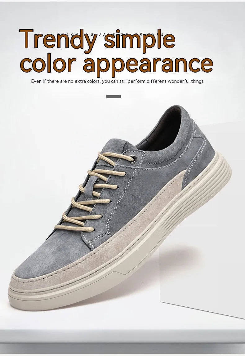 Men's grey casual skate shoes with pigskin upper and rubber sole, front lace-up design with round toe