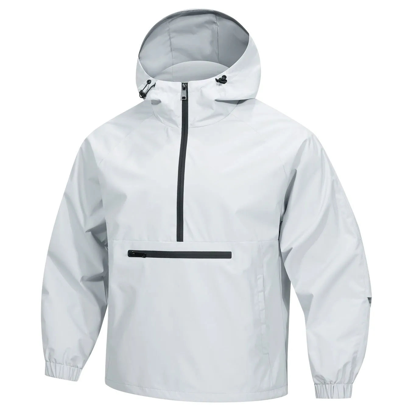 Man wearing a light gray loose fit corduroy hooded jacket with a half-zip and rabbit fur lining.