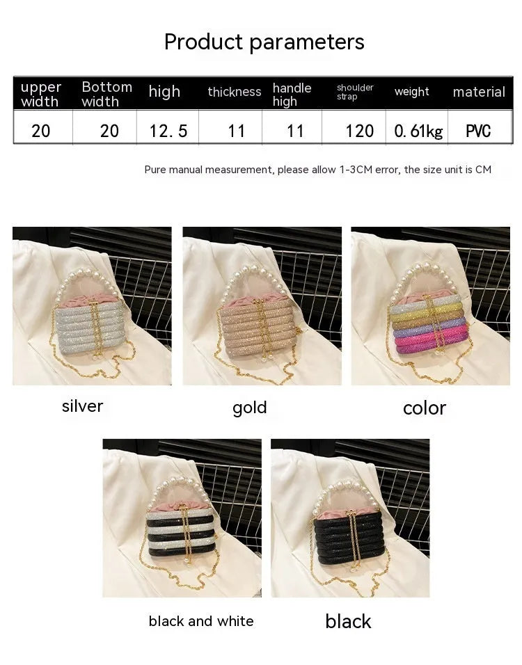 Women's retro style crossbody bag with pearl beading in soft PU, round shape with single strap.