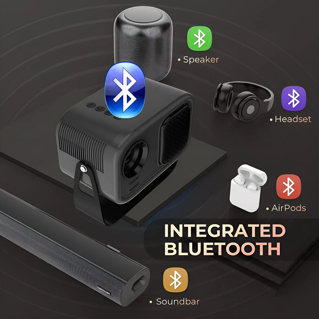 Black portable smart projector with remote control showing HD 1280x720 resolution and Android compatibility