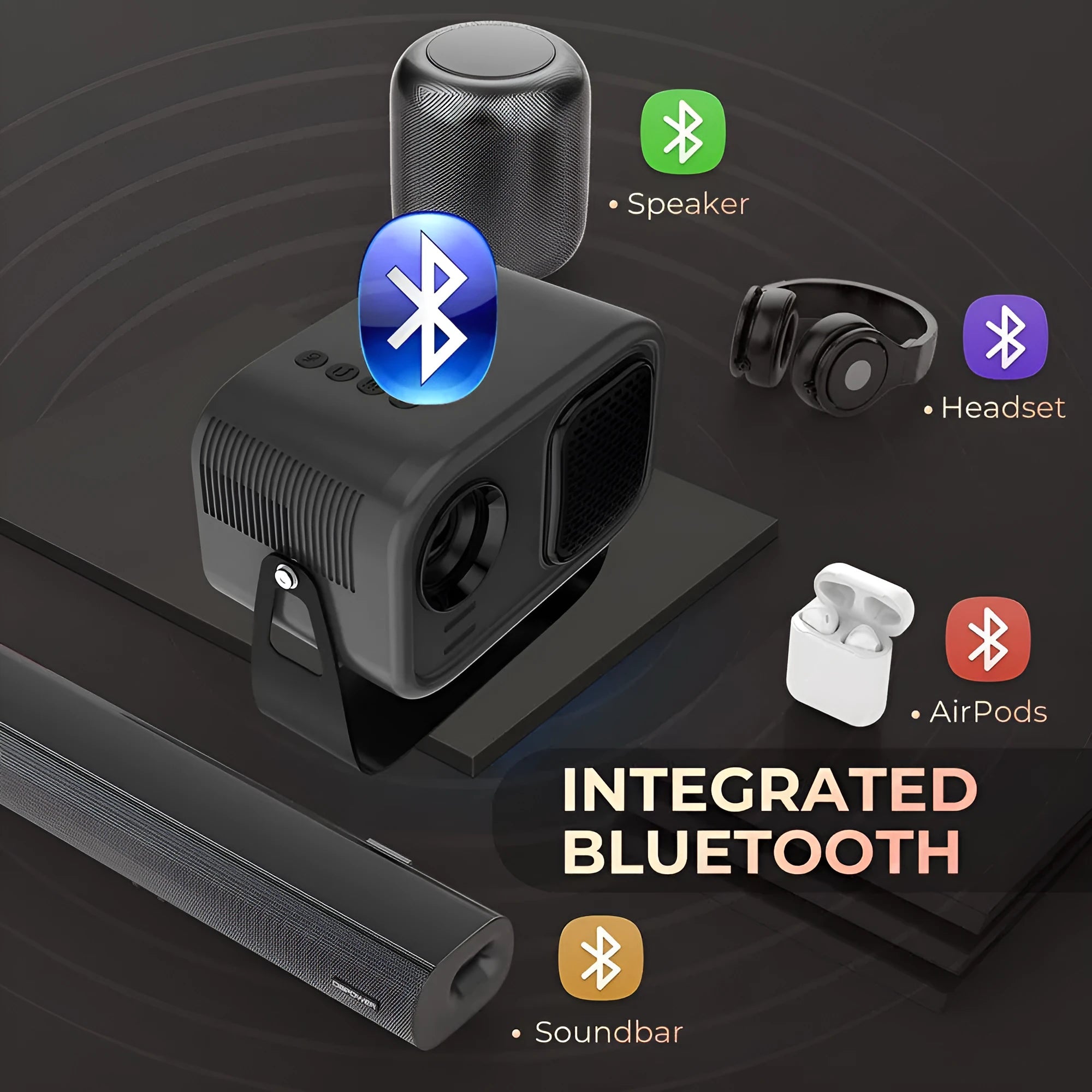 Black portable smart projector with remote control showing HD 1280x720 resolution and Android compatibility