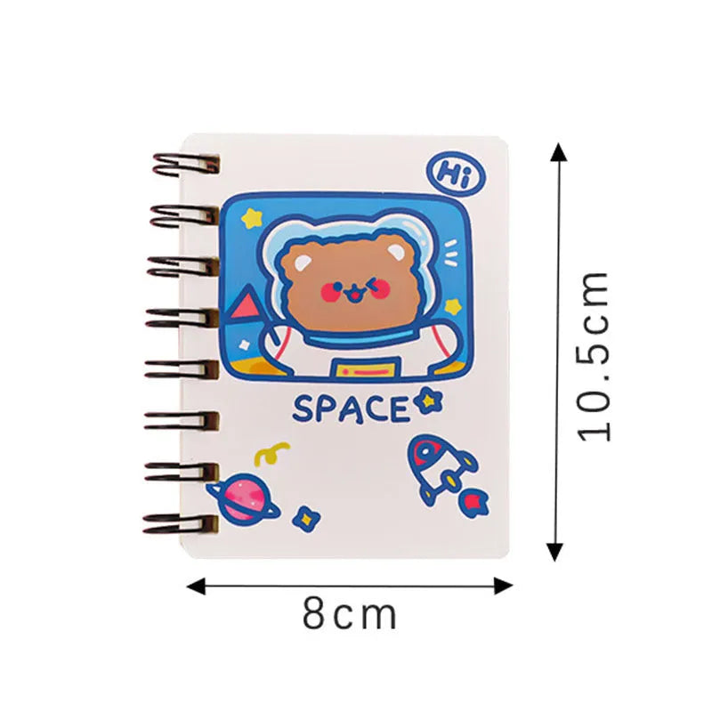 Astronaut-themed pocket flipper notebook showing compact 10.5 by 8 cm dimensions with space character cover options