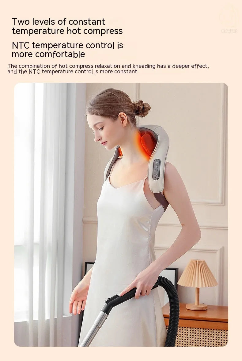 Creamy white rechargeable shoulder and neck massage instrument with USB cable.