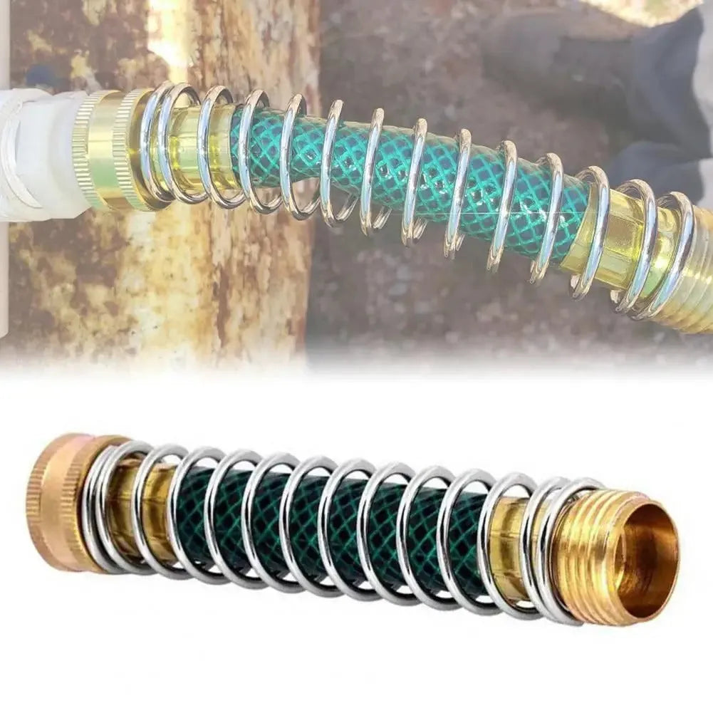 Brass garden hose sprinkler connector with a coiled metal spring section