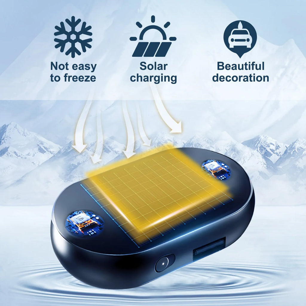 Portable anti-freezing tool for car windshield and rearview mirror, compact size 5x2.6x1.5cm, with double-sided tape base