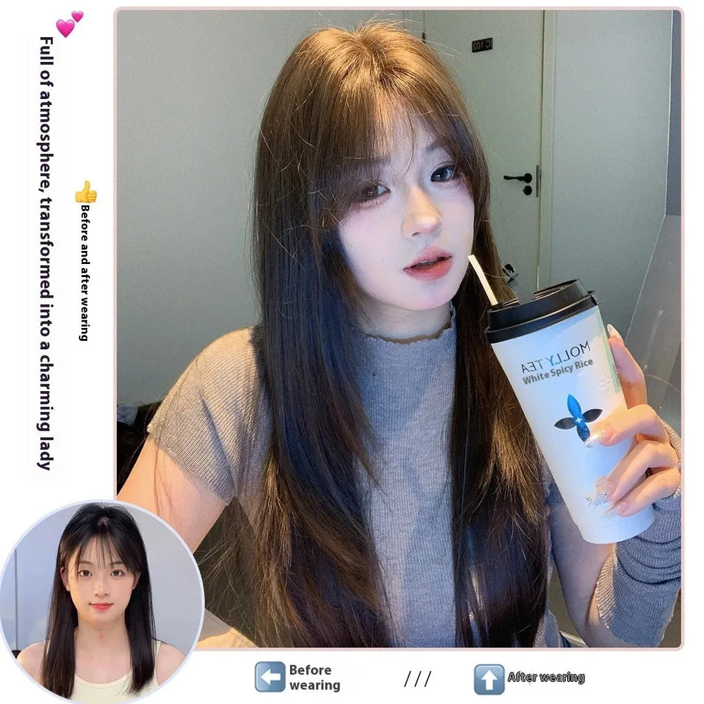 Cold brown layered long straight women's full-head wig with natural styling