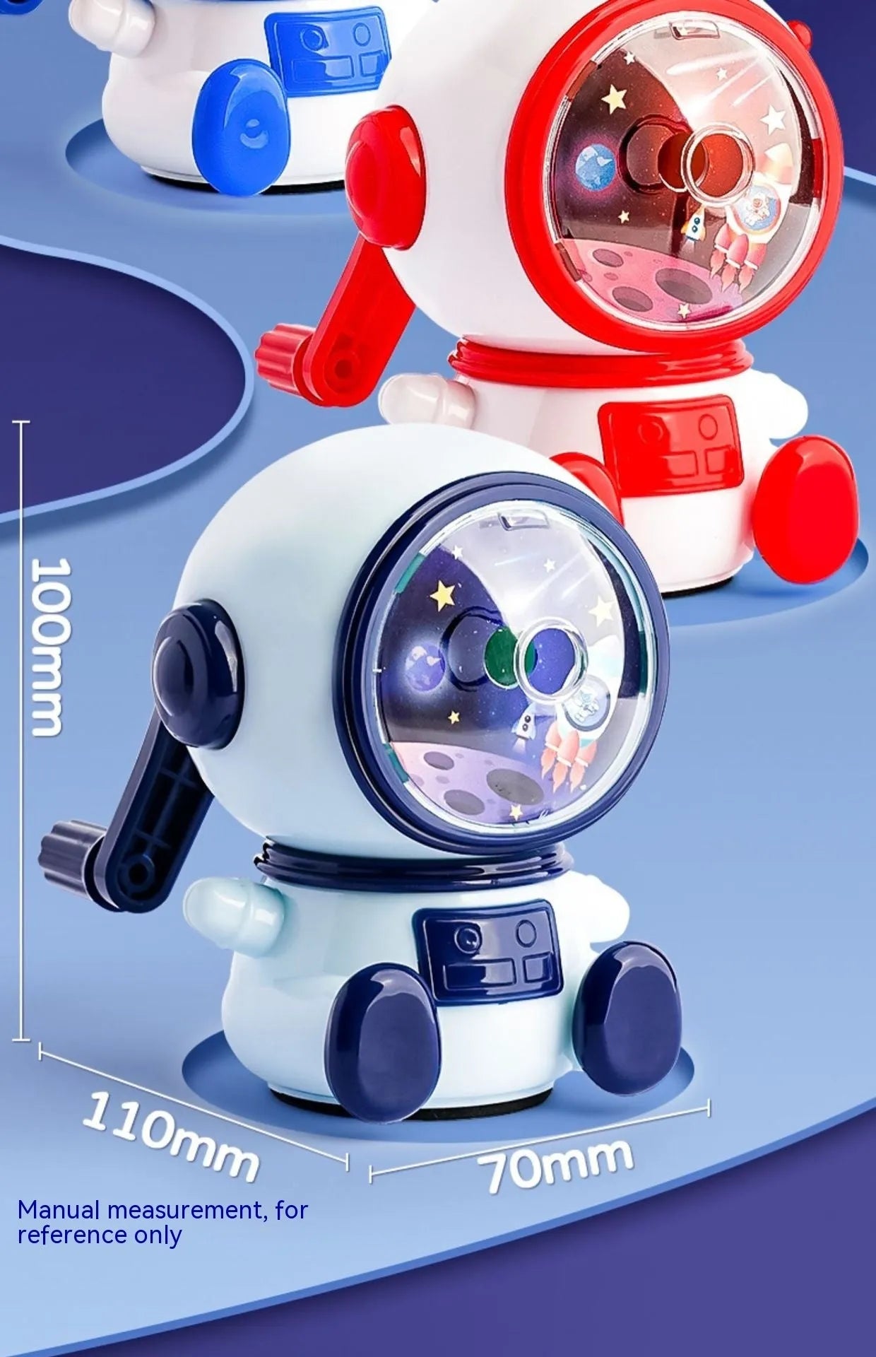 Blue astronaut cartoon manual pencil sharpener with anti-jam mechanism for 2mm leads
