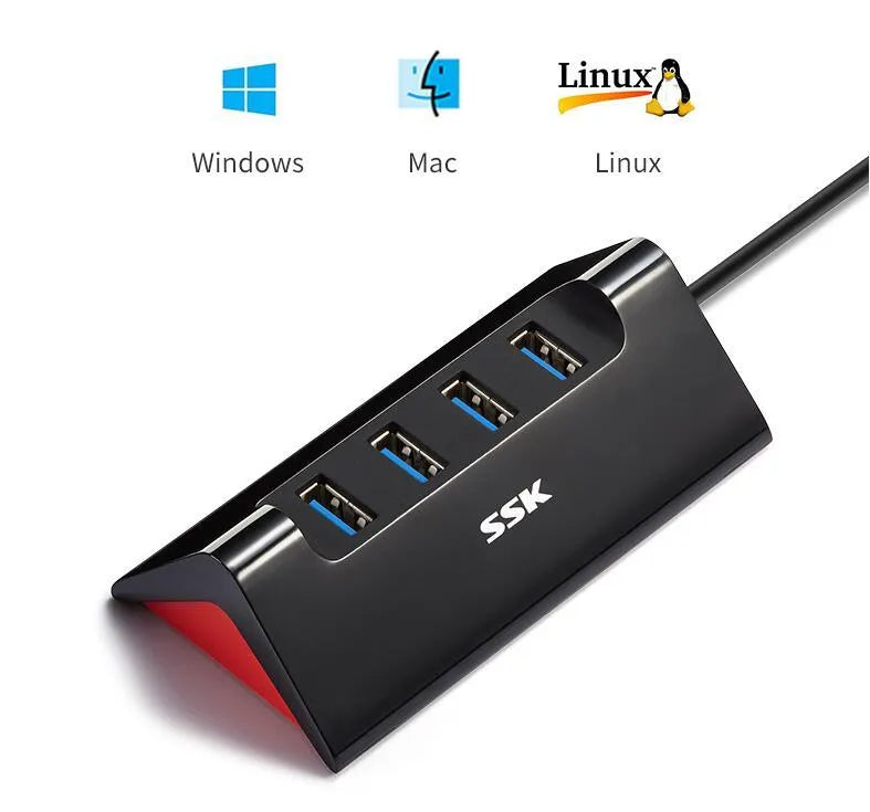 Black USB expansion dock with four USB ports and Micro USB power connection measuring 100mm x 50mm