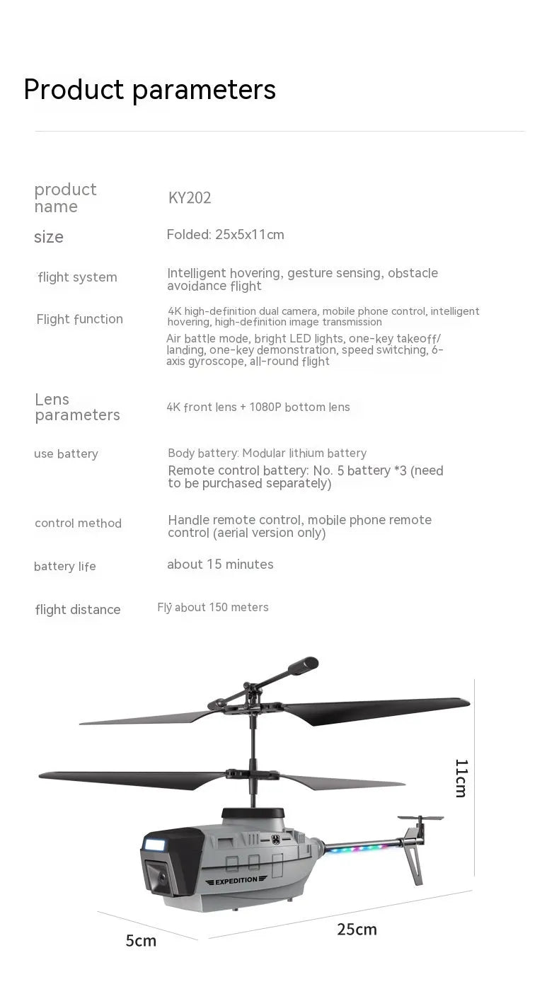 Grey Heifeng remote control reconnaissance helicopter with LED lights on a landing gear.