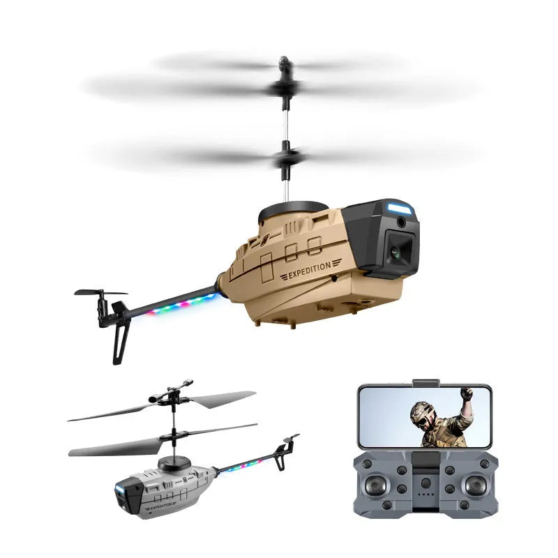 Grey Heifeng remote control reconnaissance helicopter with LED lights on a landing gear.