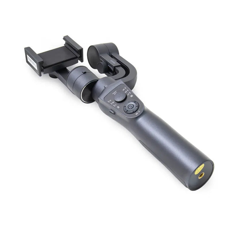 Black three-axis handheld gimbal stabilizer for mobile phones with extended battery and protective cases.