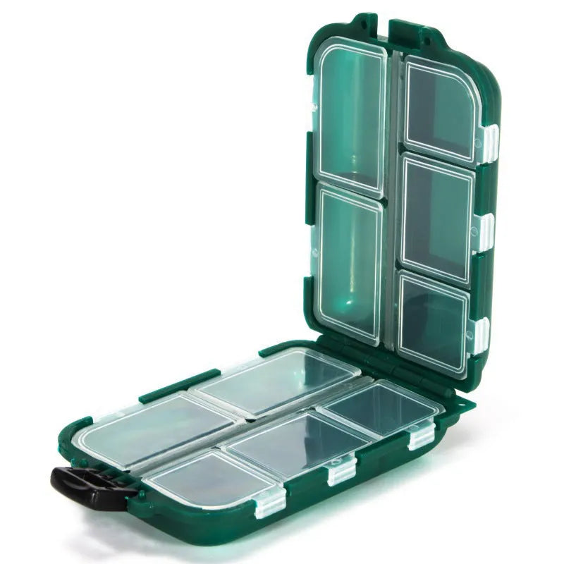 Small black plastic fishing tackle box with 10 internal compartments, shown next to fishing hooks.