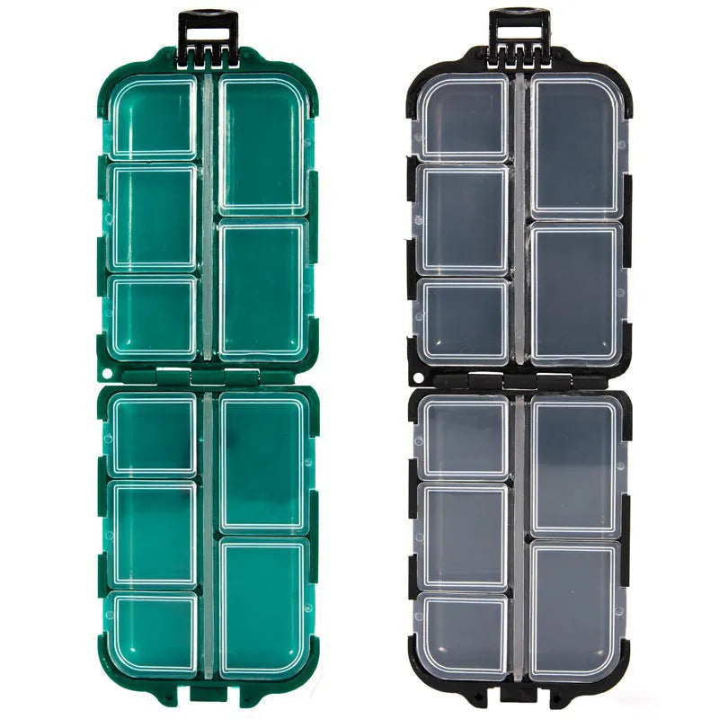 Small black plastic fishing tackle box with 10 internal compartments, shown next to fishing hooks.
