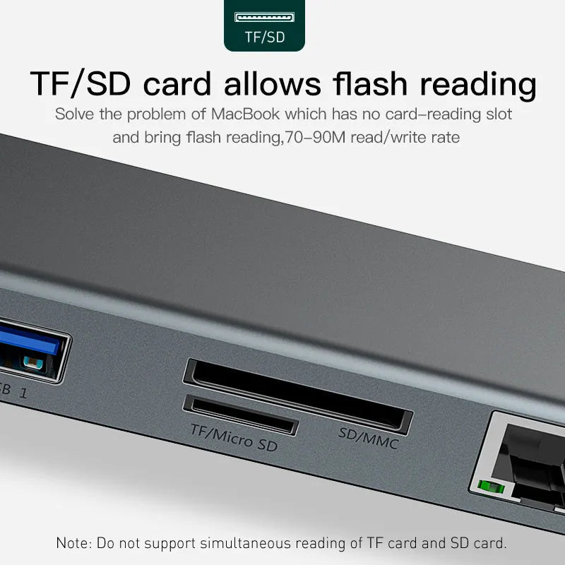Grey aluminium 10-port docking station with cooling bracket showing HDMI, VGA, USB and Ethernet ports