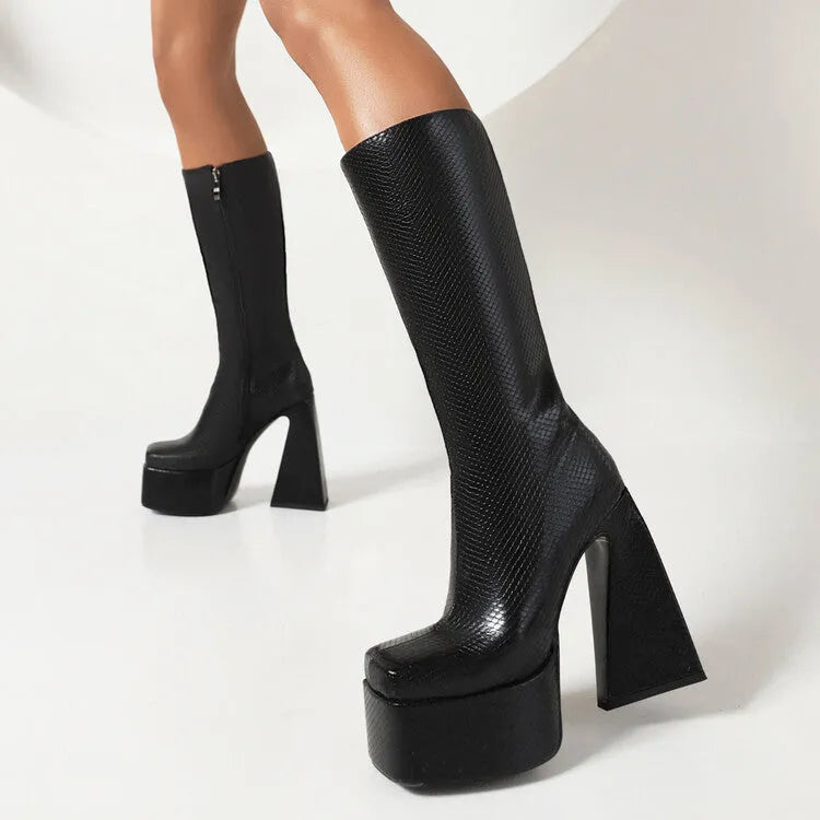 Women's black knee-high casual boots with artificial PU upper material