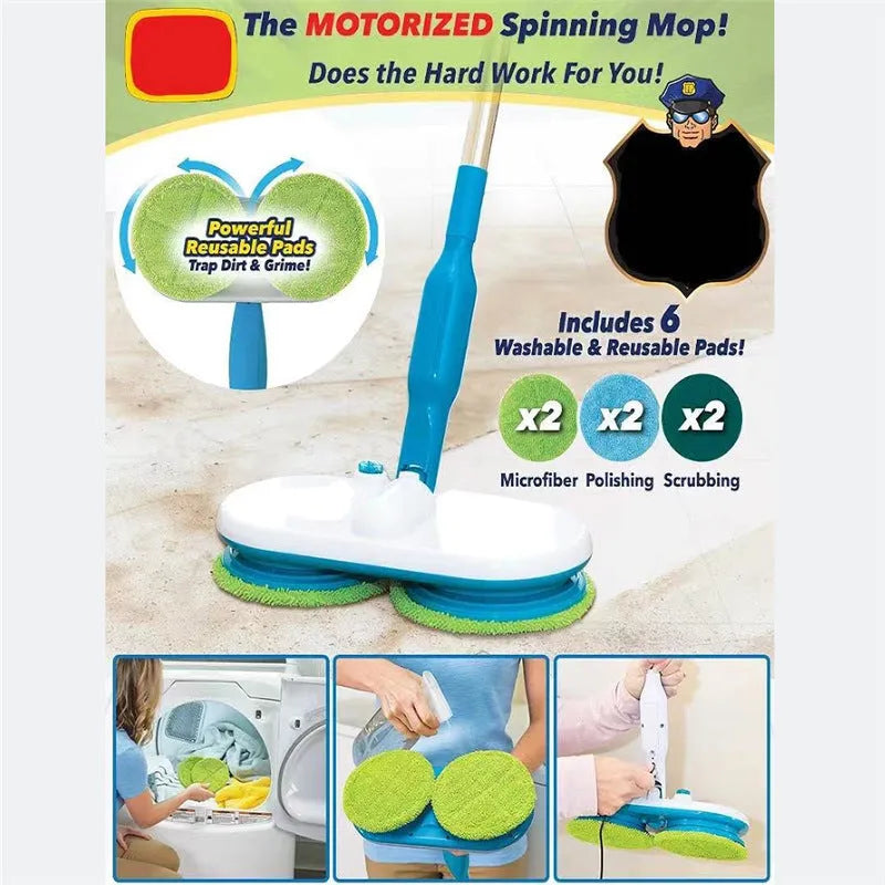 Wireless handheld electric floor mop with USB charging port and set of microfiber, polishing, and scrubbing pads.