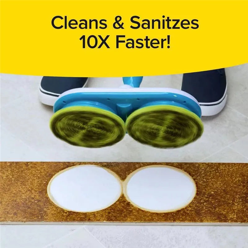 Wireless handheld electric floor mop with USB charging port and set of microfiber, polishing, and scrubbing pads.