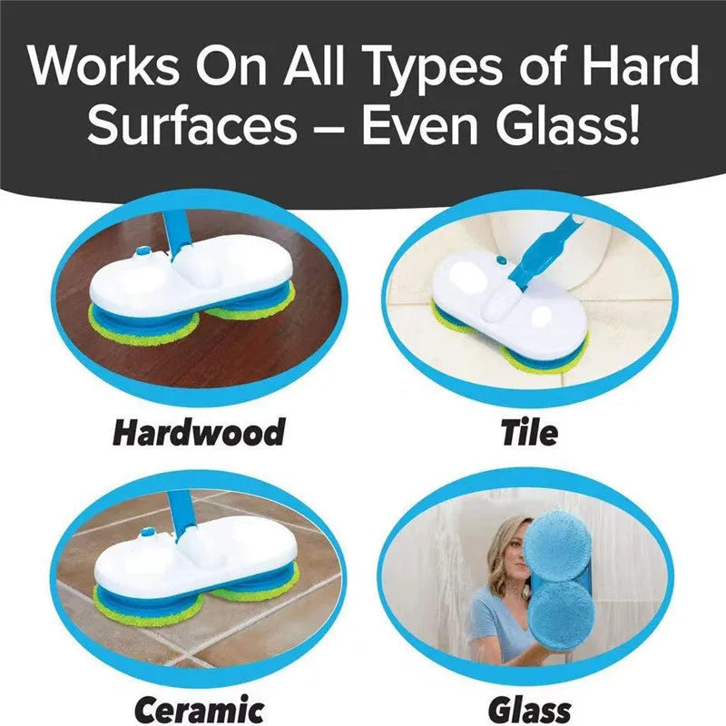 Wireless handheld electric floor mop with USB charging port and set of microfiber, polishing, and scrubbing pads.