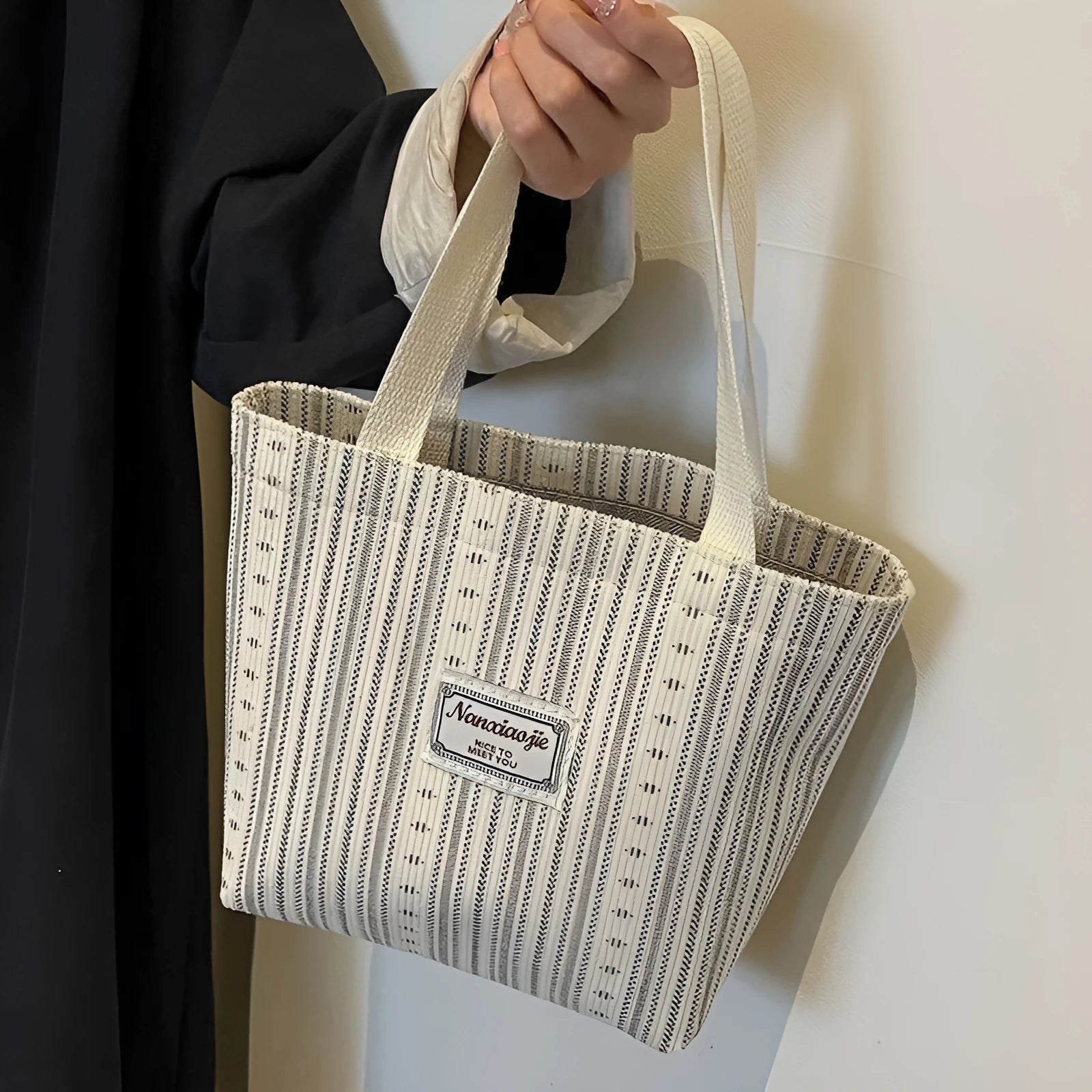 Japanese style corduroy tote bag in dark brown colour with large capacity interior