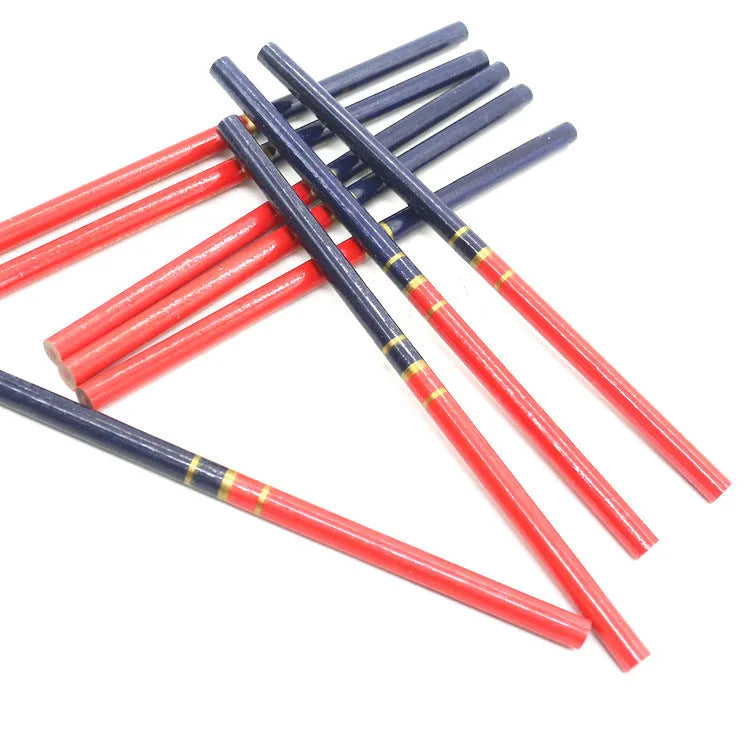 Red and blue two-colour carpenter's pencil with wooden casing, round hexagonal profile, 10-piece pack