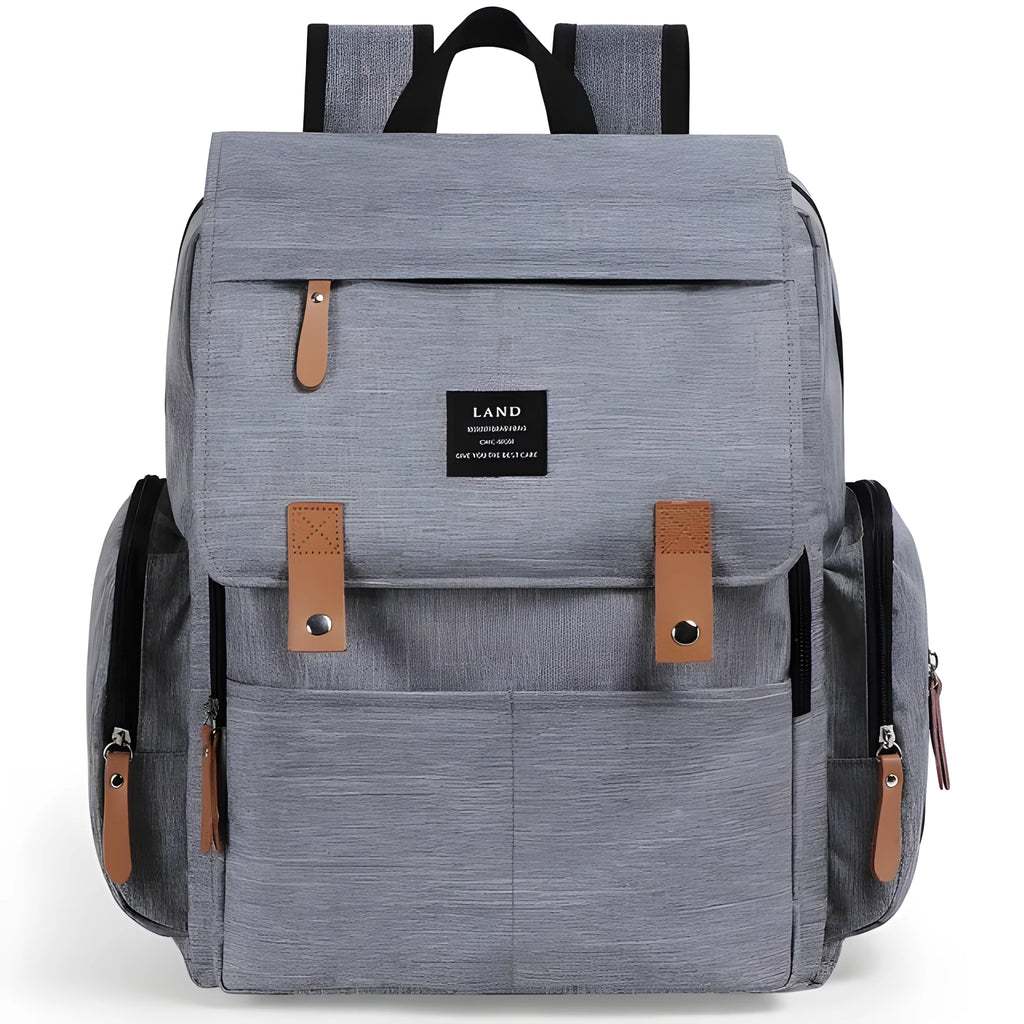 Land Mommy large grey oxford cloth diaper backpack with a changing mat