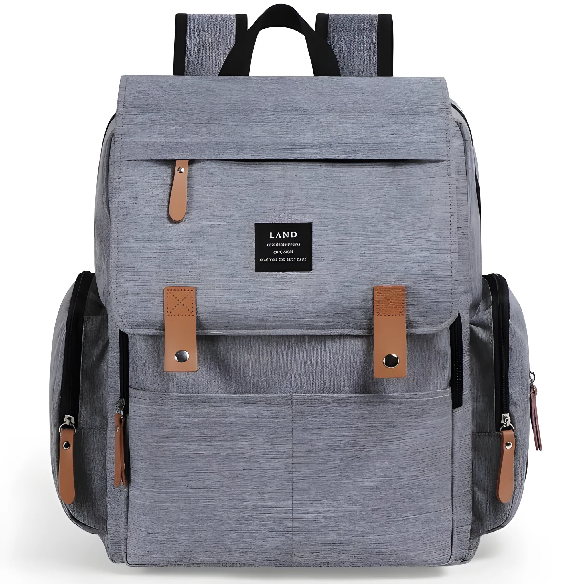 Land Mommy large grey oxford cloth diaper backpack with a changing mat