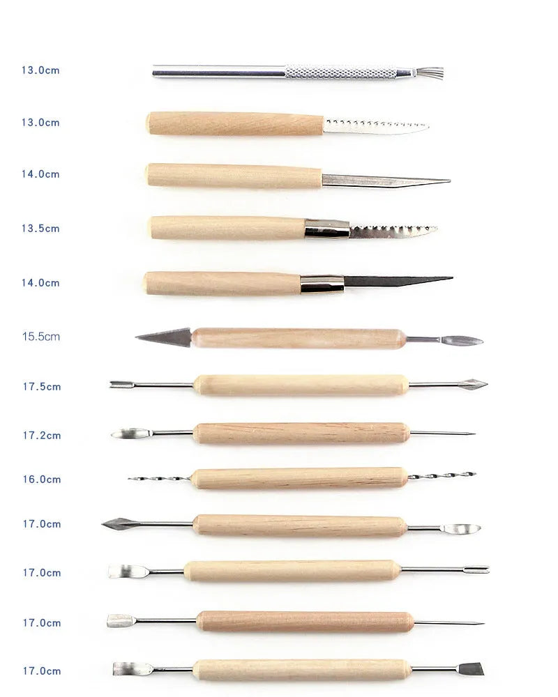 27-piece brown pottery clay tool set with stainless steel, wood, and plastic instruments in a roll bag.