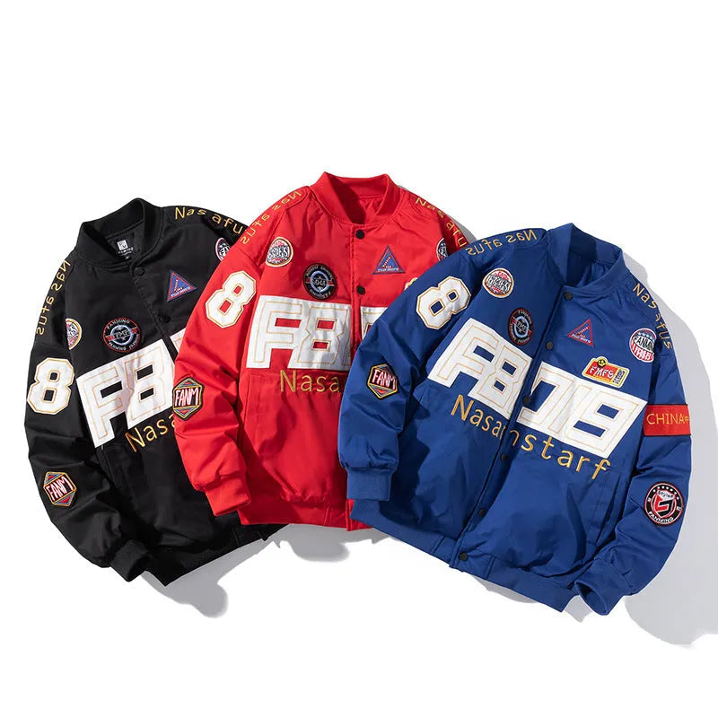 American motorcycle couple baseball jacket with cotton padding and side pockets in black colour