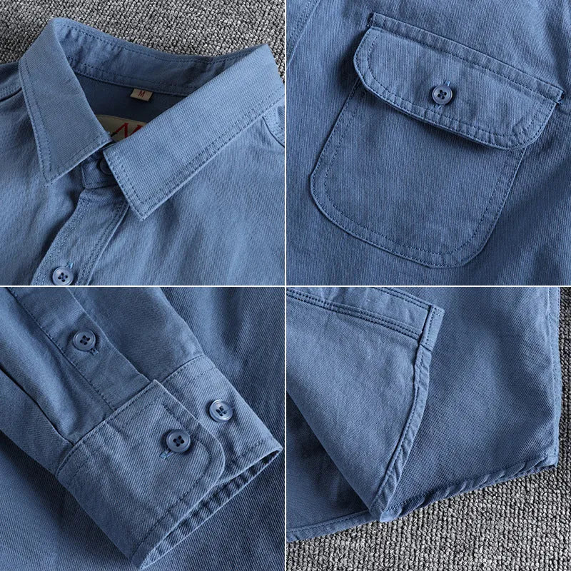 Men's solid colour cotton long sleeve shirt in British retro cardigan style, shown in light blue.