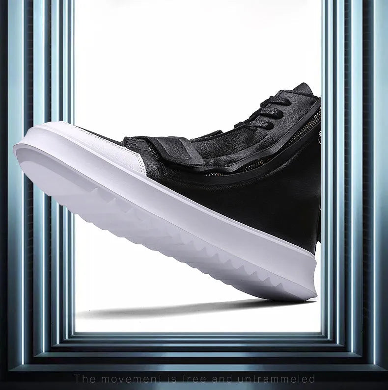 PU leather men's winter ankle boots in high-top sneaker style, black and white options