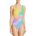 Girl's sleeveless one-piece swimsuit with a digital printed pattern, shown in one of six available colours.