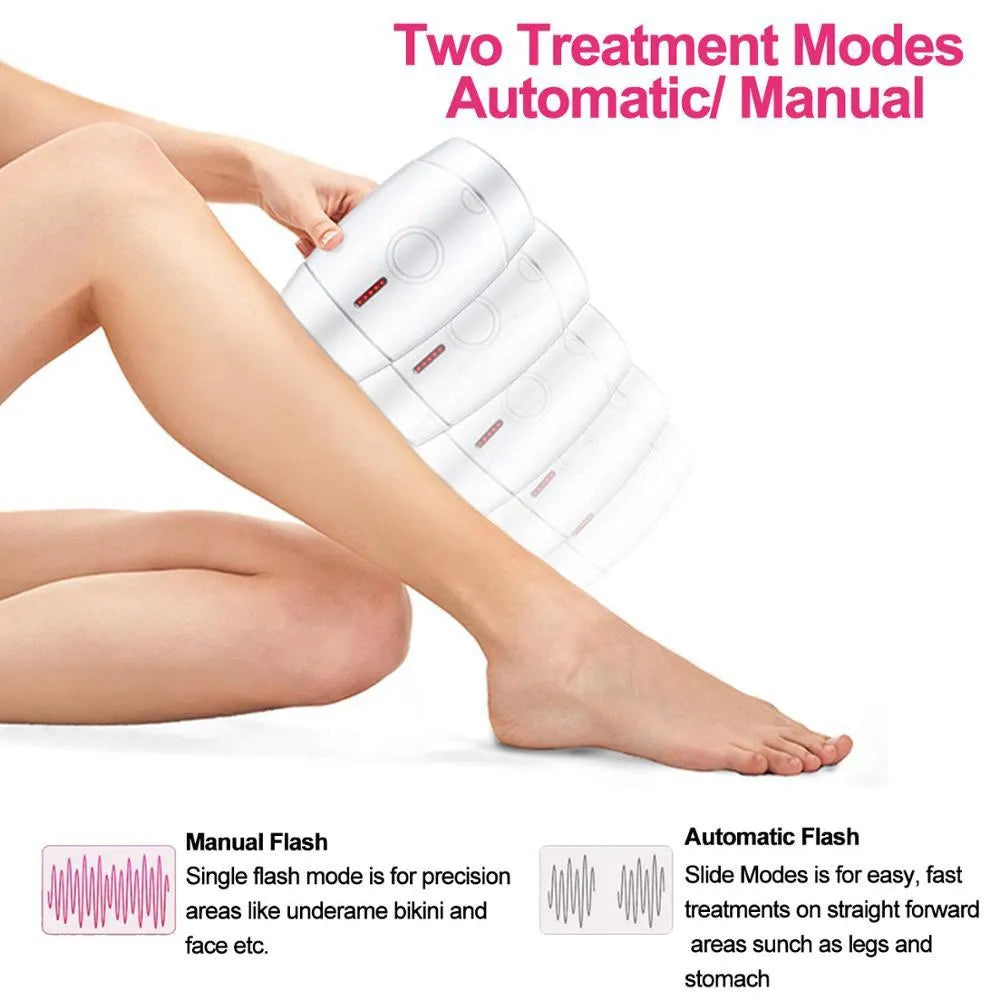 White home laser hair removal instrument with display, shown next to its UK plug and adapter.