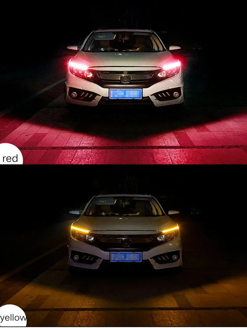 Flexible silicone car LED light strip for daytime running lights and turn signals.