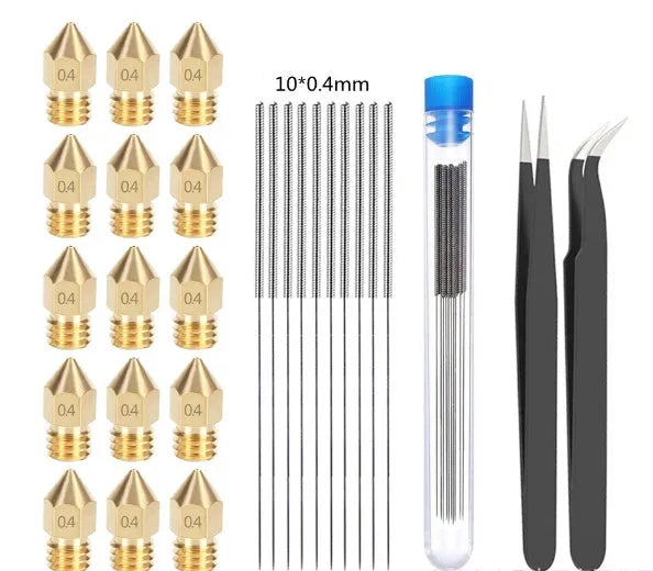 Brass MK8 3D printer nozzle and stainless steel cleaning pin kit with 0.4mm aperture.