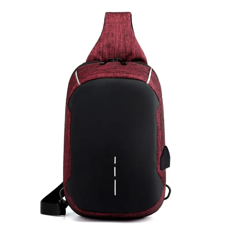 Dark blue waterproof oxford cloth chest bag showing front zipper and crossbody strap
