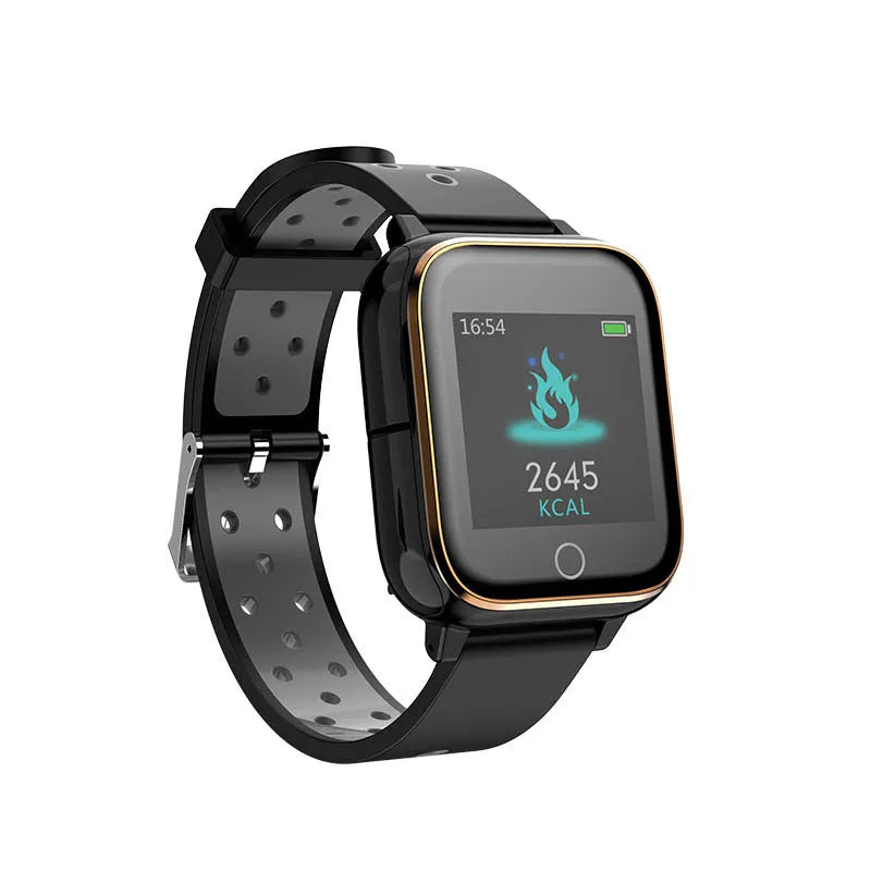 Black smart watch with integrated Bluetooth earphones showing 1.4 inch display with fitness metrics