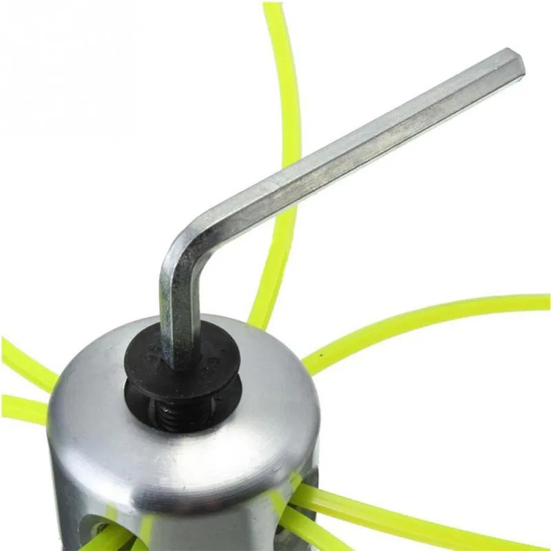 Silver Luzhu aluminium lawn mower grass head accessory with four light yellow trimmer lines and a wrench