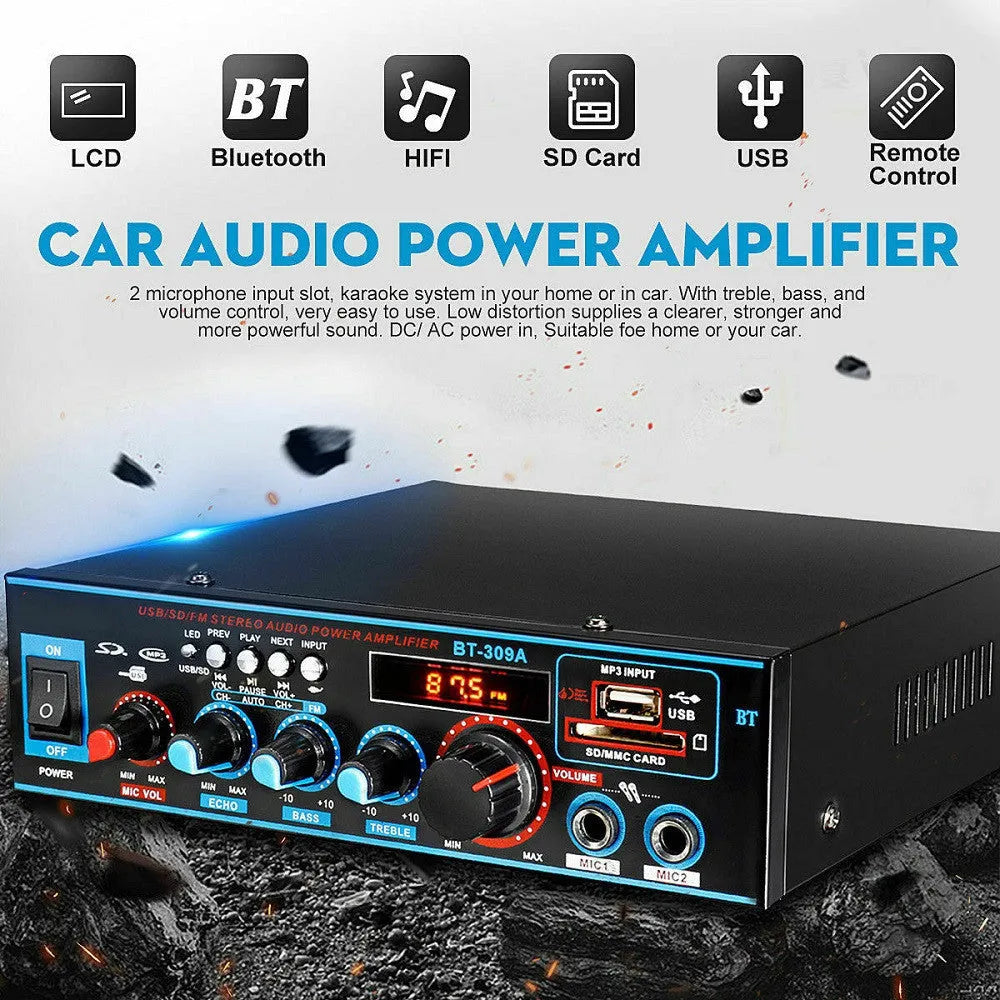 Black BT-309A-A Bluetooth power amplifier with remote control for home and car audio systems