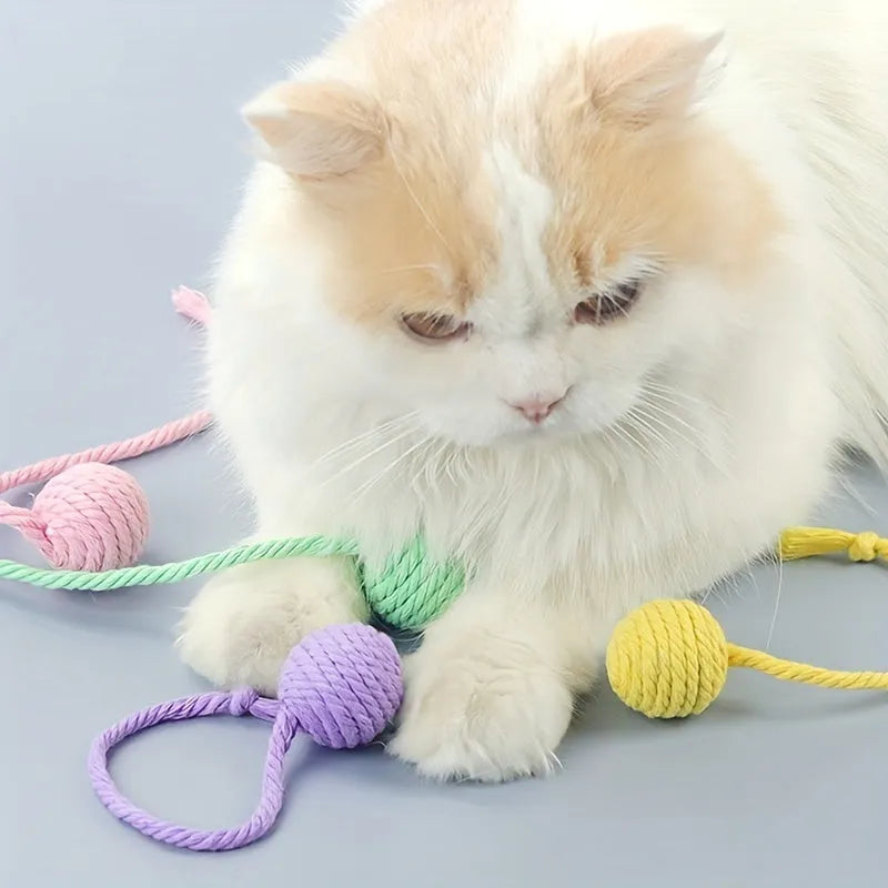 Cat toy ball with rope and bell inside in green, pink, purple, and yellow colours