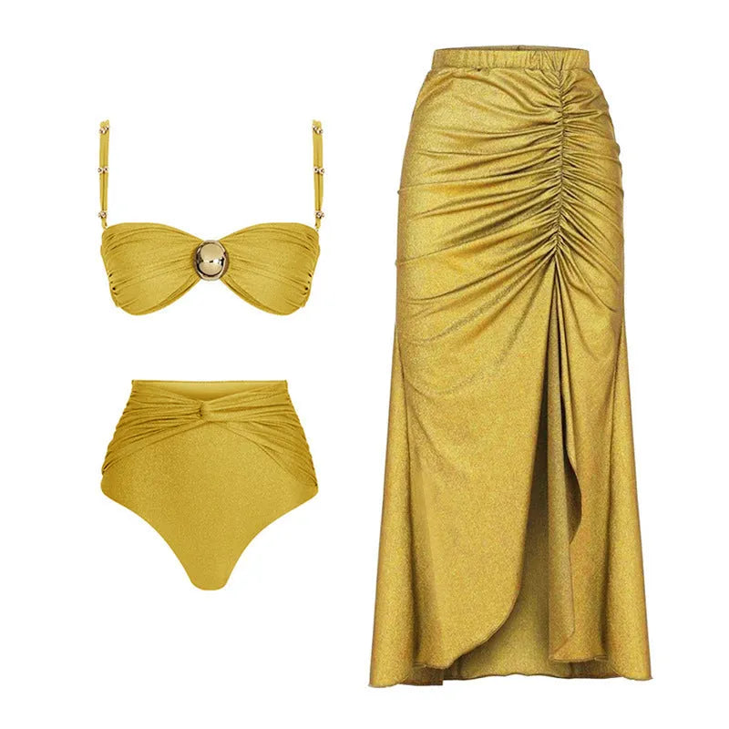 Women's high waist swimsuit set in green one-piece and yellow bikini styles with skirt.