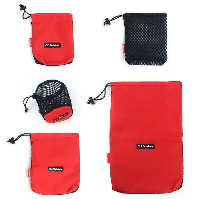 Set of five red outdoor travel storage bags with zippers made from Oxford cloth and mesh